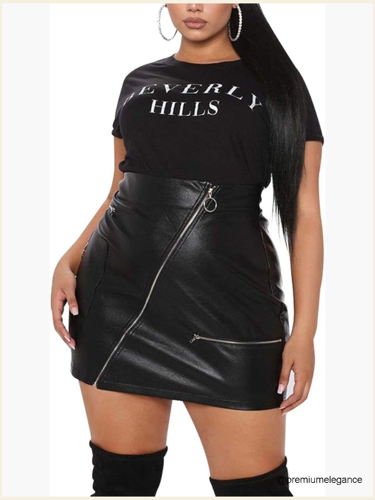 Plus Size Faux Leather Mini Skirt High Waist Bodycon Zipper Front